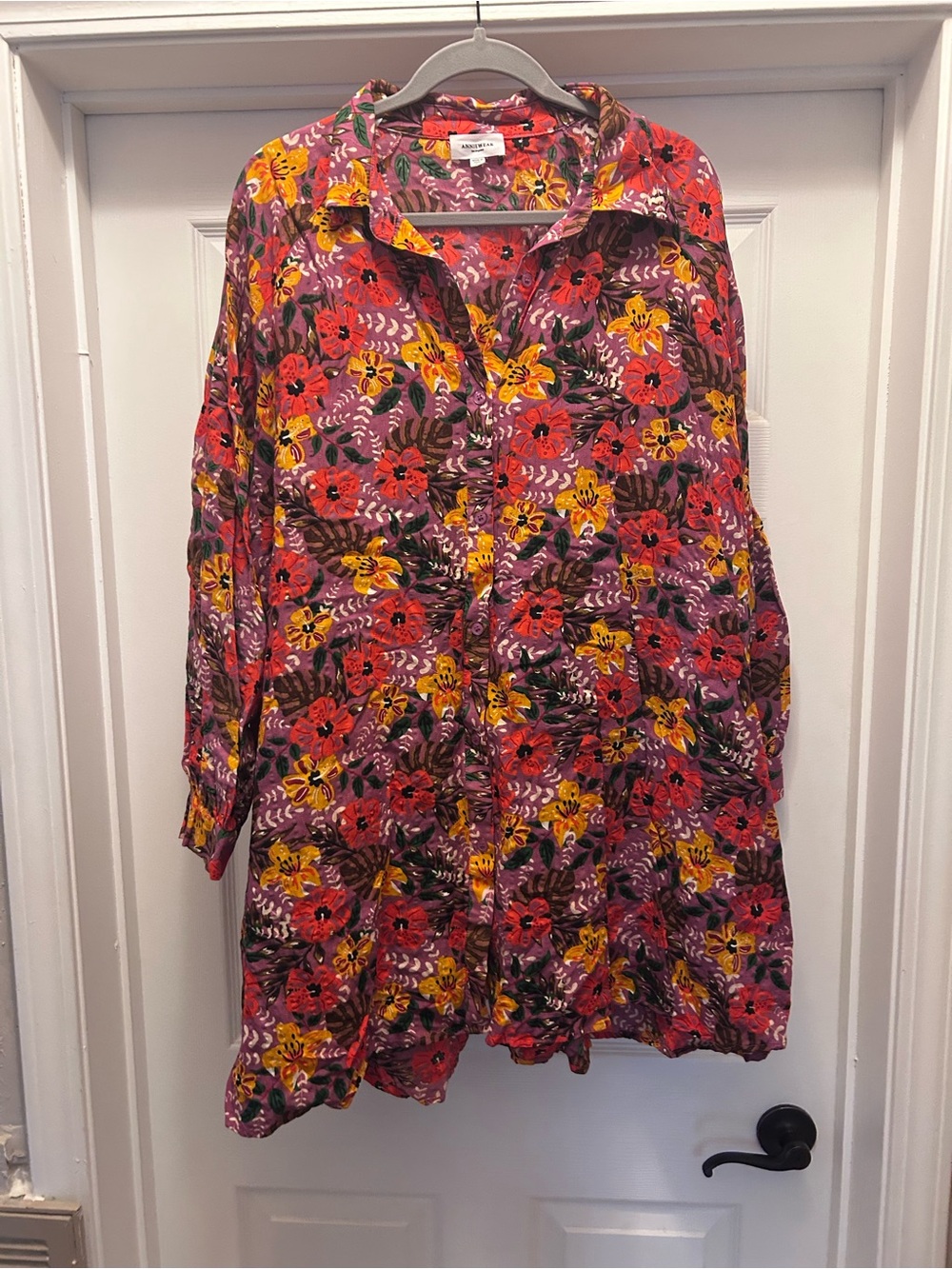 Long Sleeve Floral Button-Front Dress - Purple Multicolor